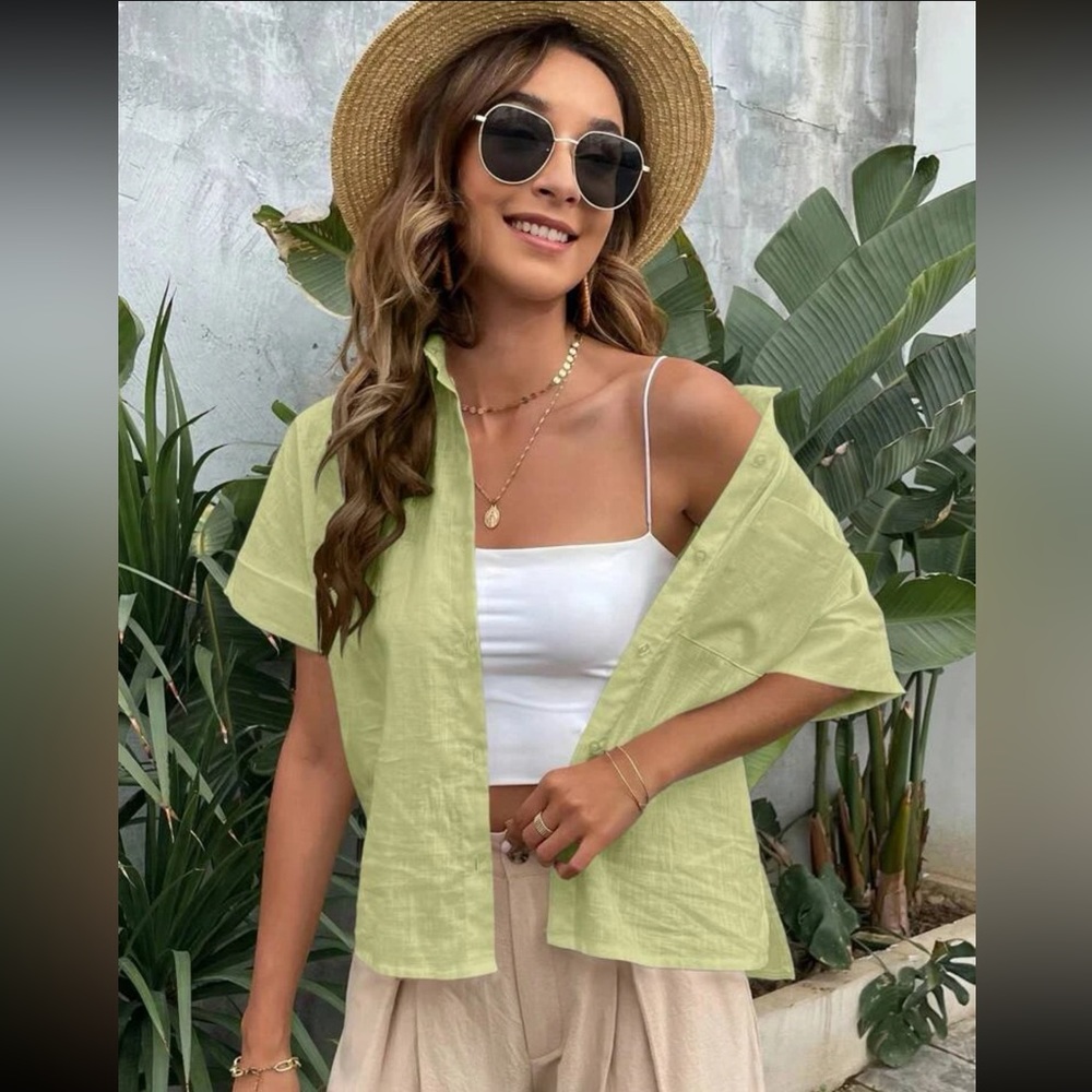 NEW • Lime Green Pocketed Button Down Short Sleeve Shirt